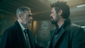 Joe Kessler and Billy Butcher, played by Jeffrey Dean Morgan and Karl Urban, have an intense staredown in the boys season four
