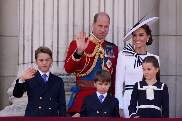 The Wales family waves to the crowds after the Trooping the Colour ceremony, in London, Saturday, June 15, 2024. Trooping the Colour is the King's Birthday Parade and one of the nation's most impressive and iconic annual events attended by almost every member of the Royal Family. 