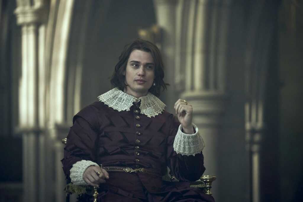 George Villiers (Nicholas Galitzine) gets glammed up in Starz’s “Mary & George.”
