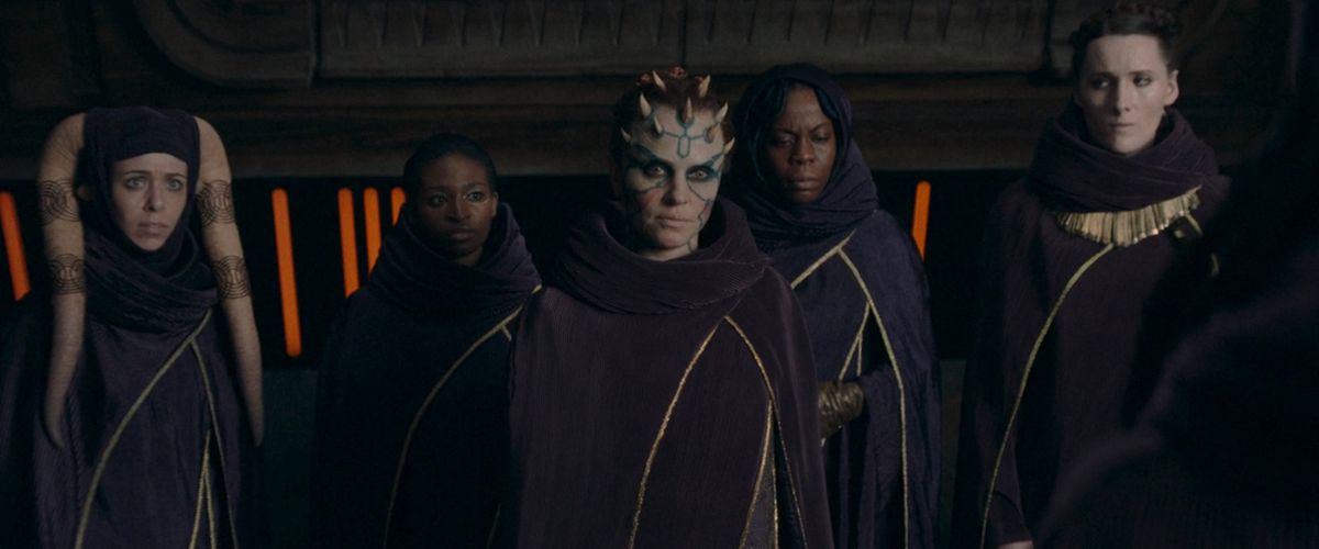 A quintet of witches from coven on Brendok, with Mother Koril (Margarita Levieva) at the center, in a screenshot from Star Wars The Acolyte