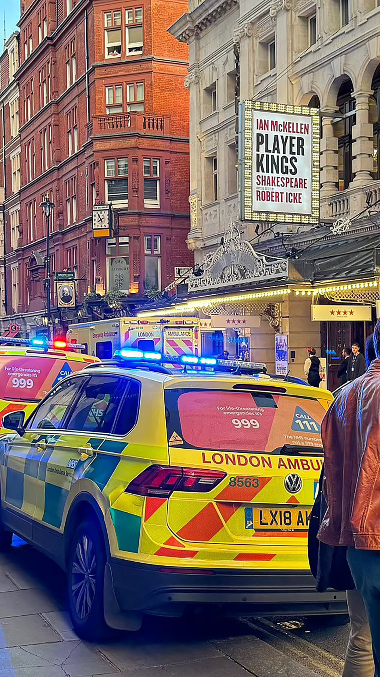 Ambulance vehicles outside the Noel Coward theatre in London after the incident on Monday
