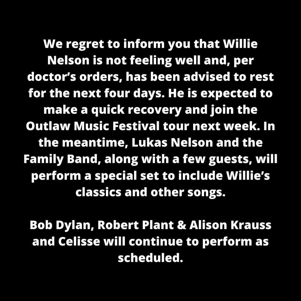 Black and white image of text announcing Willie Nelson's concert cancellation due to illness