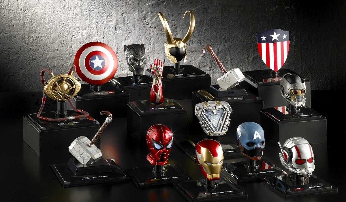 Marvel Movie Replicas of the Eye of Agamotto, the ARC reactor, Ant-Man's helmet, Iron Man's helmet, Spider-Man's mask, Thor's hammer, both Captain America shields, Black Panther's helmet, Loki's helmet, and Captain America's helmet.