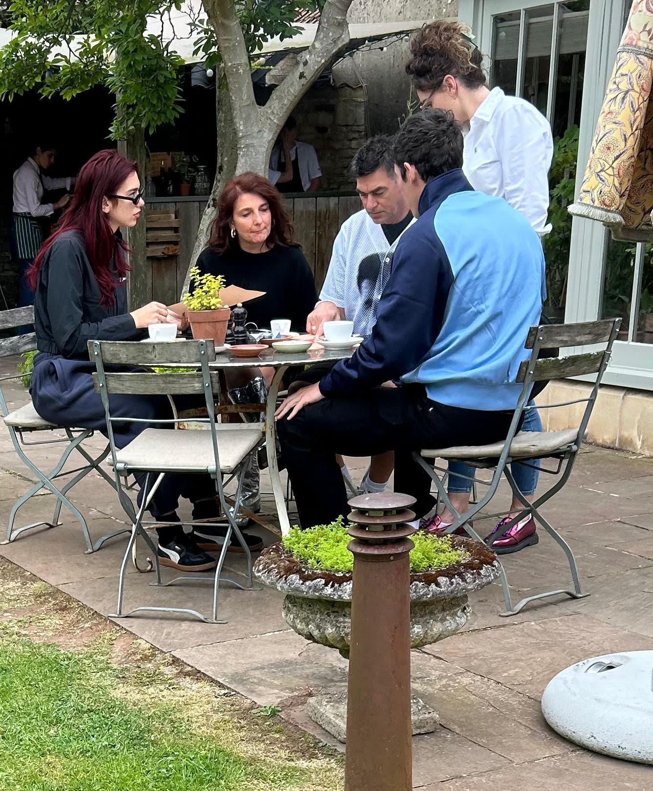Dua Lipa with her parents and Callum Turner at The Pig in Bath