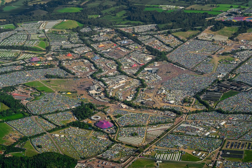 Aerial view of Glastonbury Festival as the weekend begins, near Pilton, Somerset, in England, on June 28th, 2024.