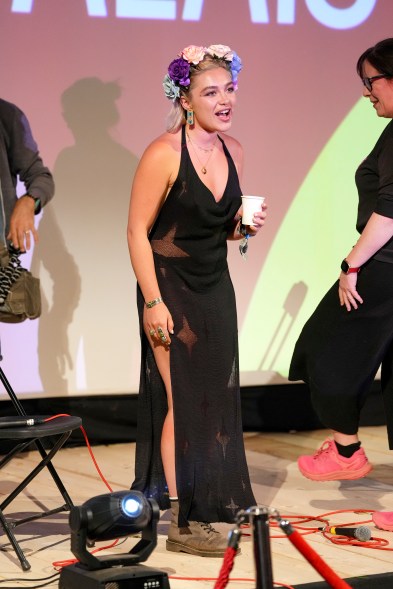 Florence Pugh in a black dress introducing 'Dune: Part Two' at the Pilton Palais Cinema during the Glastonbury Festival, Somerset, England, June 28, 2024