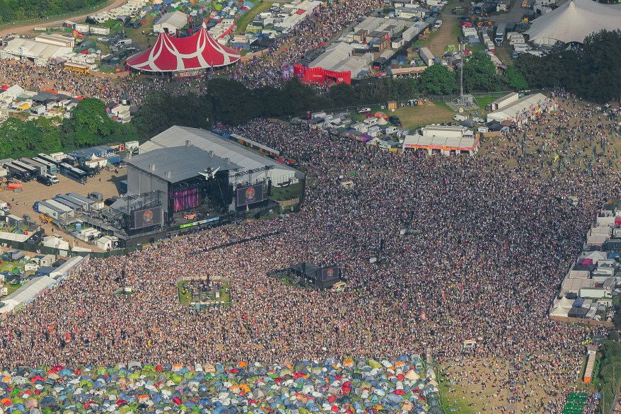 Aerial view of Glastonbury Festival as the weekend begins, near Pilton, Somerset, in England, on June 28th, 2024.