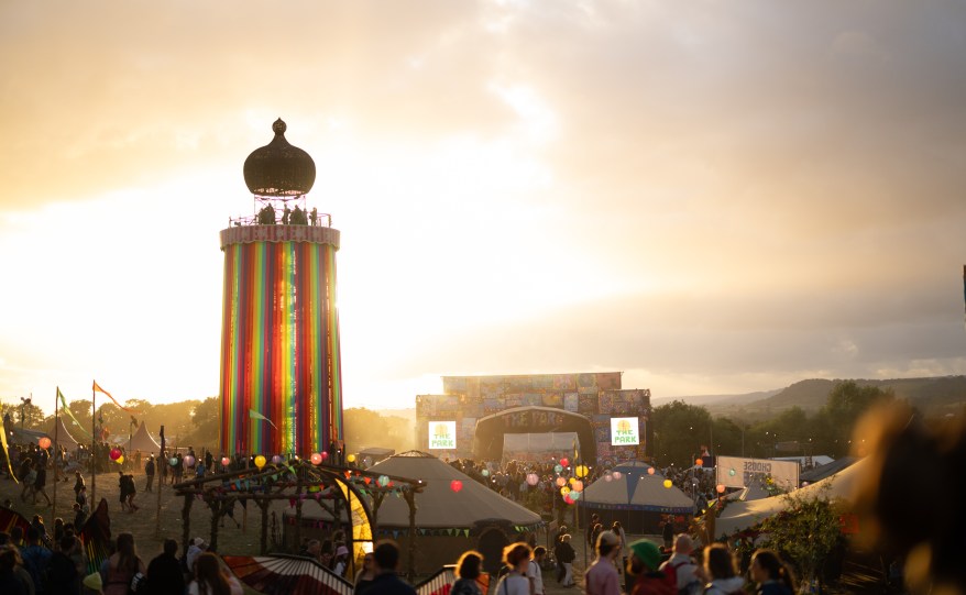 A general view of the Park stage and ribbon tower during day two of Glastonbury Festival 2024 at Worthy Farm, Pilton on June 27, 2024 in Glastonbury, England.