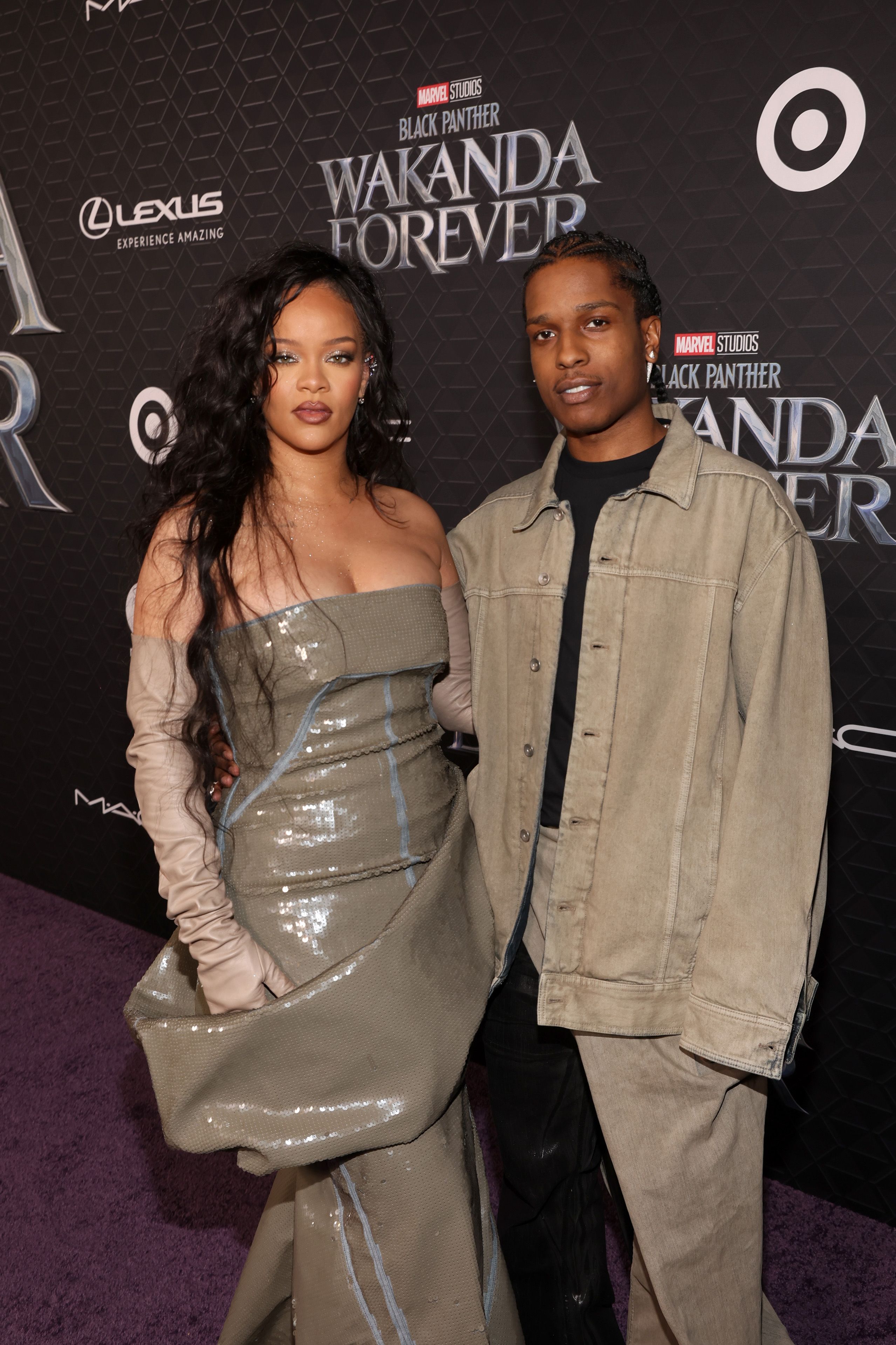 Rihanna and A$AP Rocky attending the Black Panther: Wakanda Forever World Premiere in October 2022