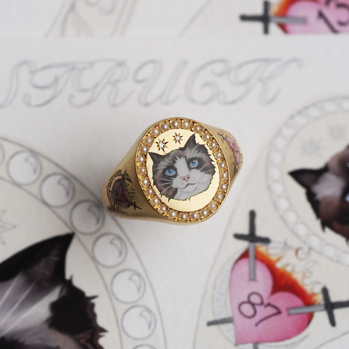 The ring includes Taylor's famous cat, Benjamin Button