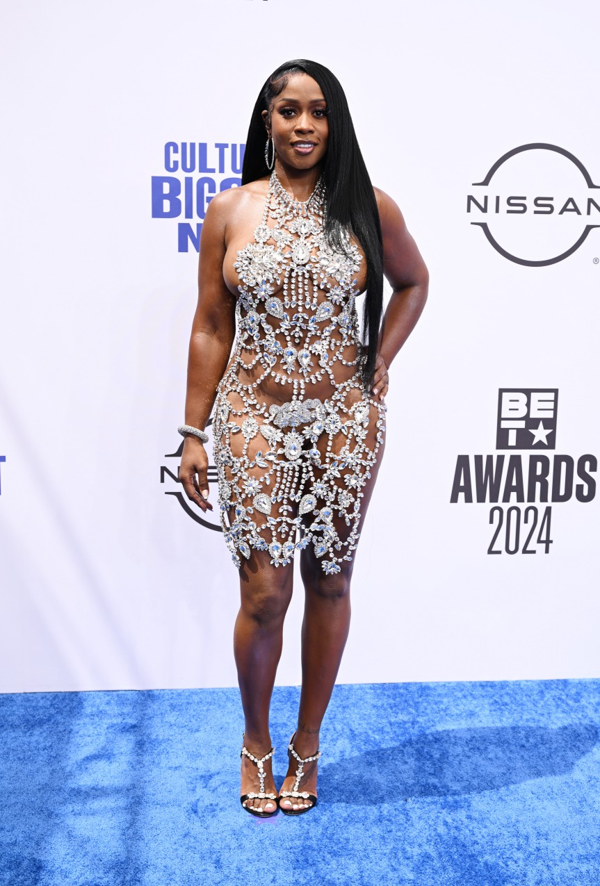 Remy Ma strutted on the blue carpet in a bejeweled dress and matching heels