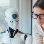 Woman and AI robot working together