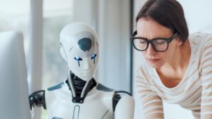 Woman and AI robot working together
