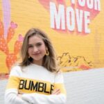 Lily James on the set of 20th Century Studios' Bumble founder movie