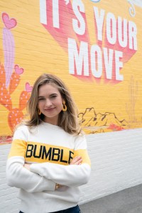 Lily James on the set of 20th Century Studios' Bumble founder movie