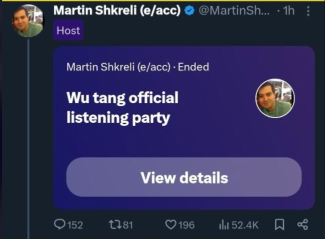 Martin Shkreli Wu-Tang listening party tweet