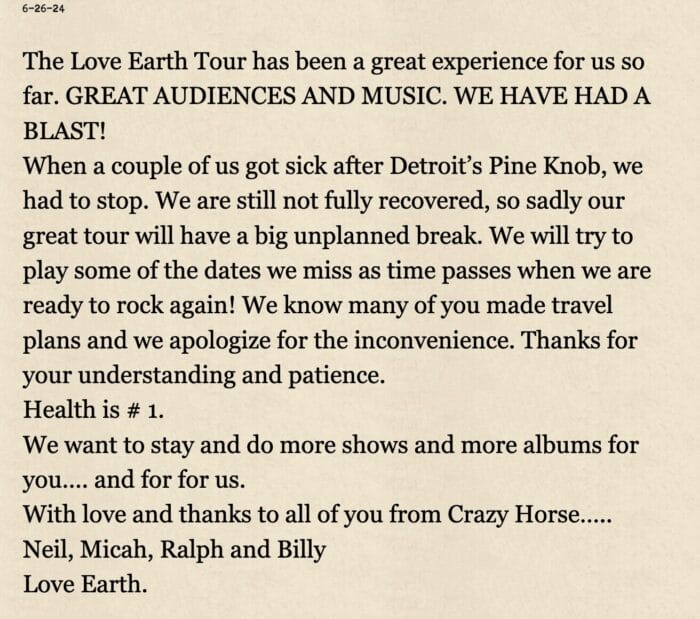 Neil Young and Crazy Horse Announce "Big Unplanned Break" From Remaining Love Earth Tour