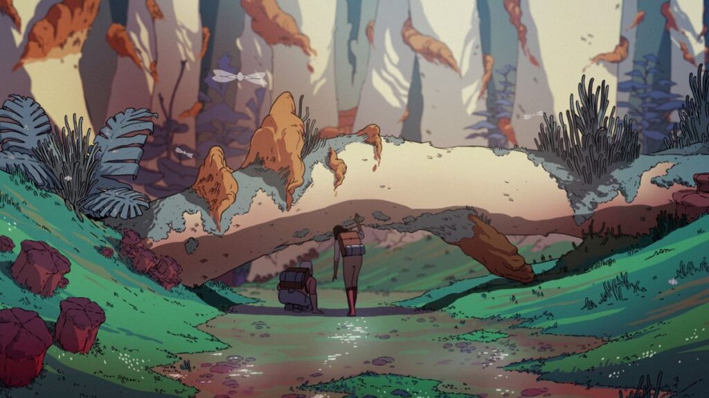 Sam and Ursula ducking beneath an alien tree with dragonfly-like alien creatures fluttering around them in Scavengers Reign.
