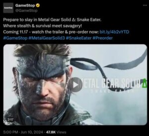 The GameStop tweet about the MGS Delta: Snake Eater release date.