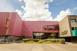 A photo of the front of the South Lamar Alamo Drafthouse location in Austin, Texas