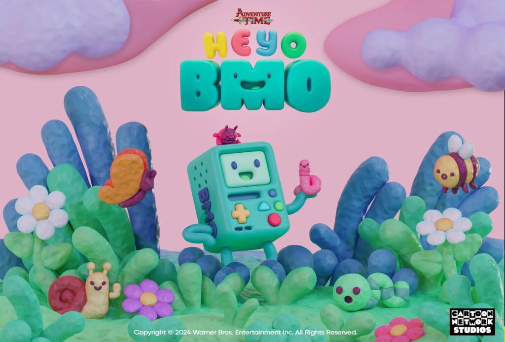 BMO poses surrounded by cute bugs and plants in promotional art for Adventure Time: Heyo BMO.