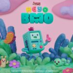 BMO poses surrounded by cute bugs and plants in promotional art for Adventure Time: Heyo BMO.