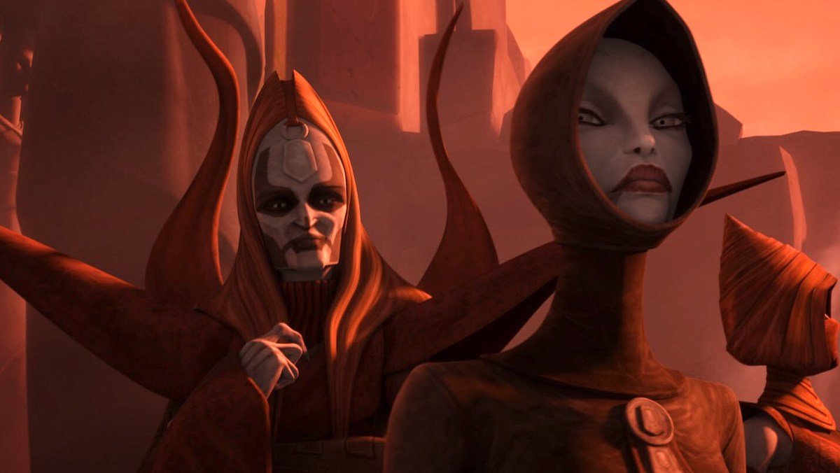 A hoode Asajj Ventress stands in front of Mother Talzin on the red lighted Dathomir