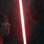 Mae (Amandla Stenberg) standing and looking at the Master up close, with a red light saber between them