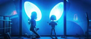A small child and a woman staring at a gigantic figure with large glowing blue eyes through a window in Ultraman: Rising.