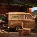 Gromit pushes a gas-powered machine into a van with the words “Gnome Improvements” printed on the side as Wallace examines his clipboard