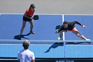 Yana Newell and Brendon Long in action during a mixed pro doubles match during the third day of the 2024 Zimmer Biomet APP New York City Open at USTA Billie Jean King National Tennis Center on May 24, 2024 in New York City.