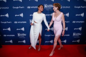 Ariana DeBose (L) and girlfriend Sue Makkoo at the 33rd Annual GLAAD Media Awards at the New York Hilton Midtown in New York City, on May 6, 2022