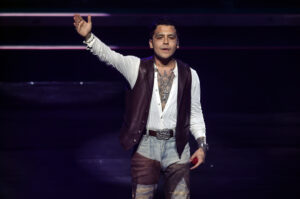 Christian Nodal salutes his fans at the Auditorio Nacional in Mexico City on Friday night
