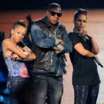 Lil Mama, Jay-Z, and Alicia Keys on stage together at the 2009 MTV VMAs