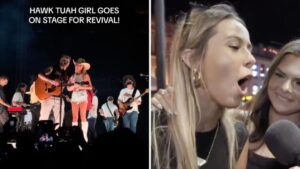 ‘Hawk Tuah’ girl sings with country music star Zach Bryan on stage