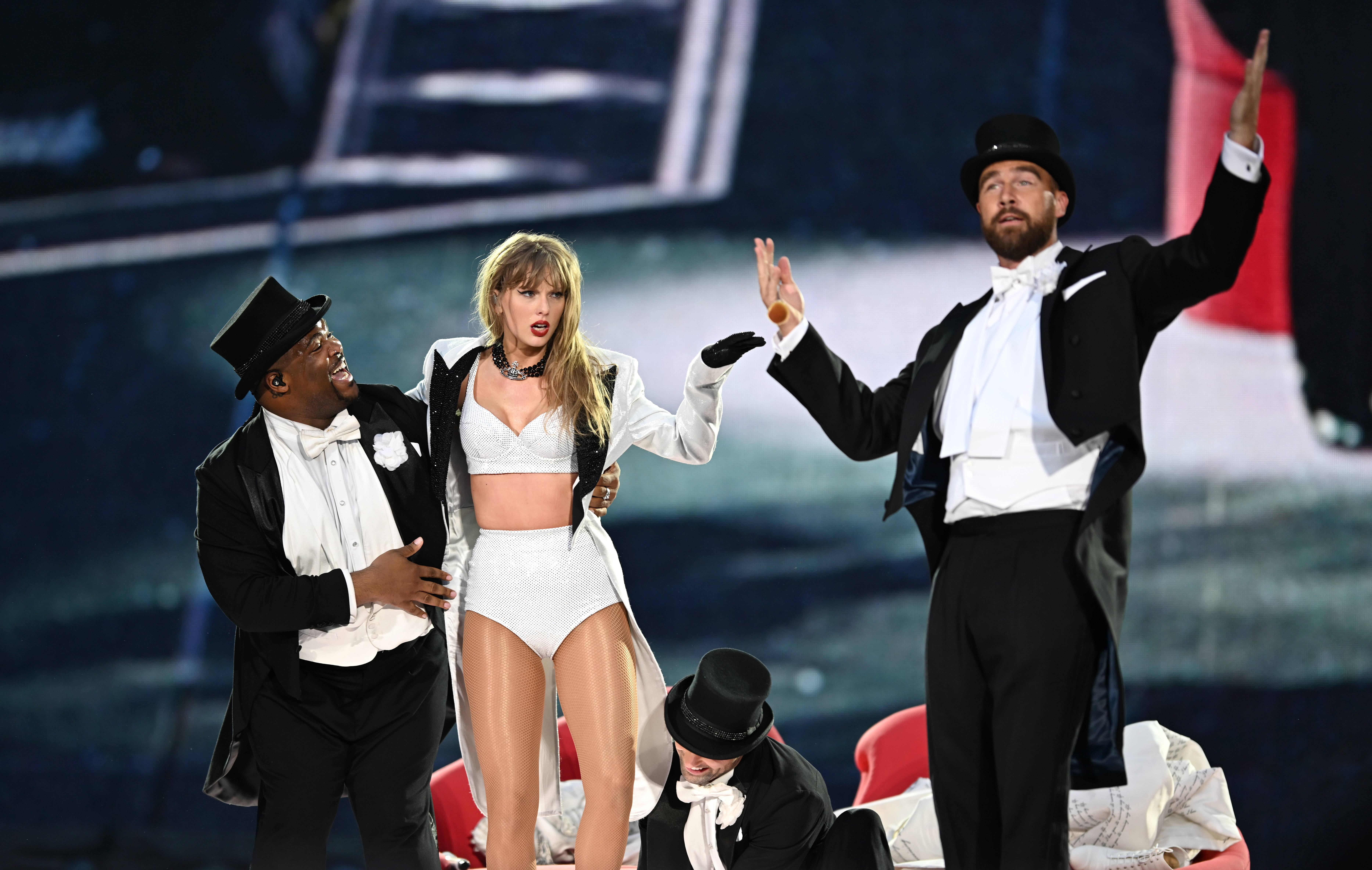 On June 23, Taylor Swift's boyfriend Travis Kelce made a surprise appearance on stage during the third night of her Eras Tour in London, England