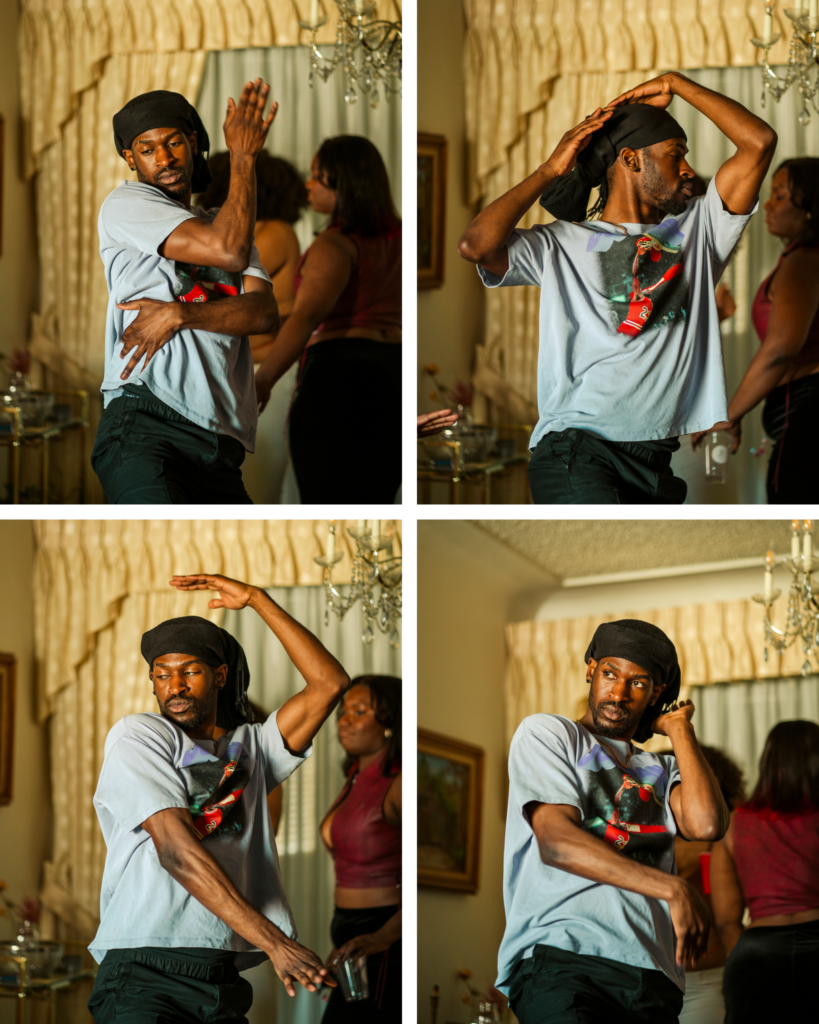 Four photos of the same man in various dance move positions.