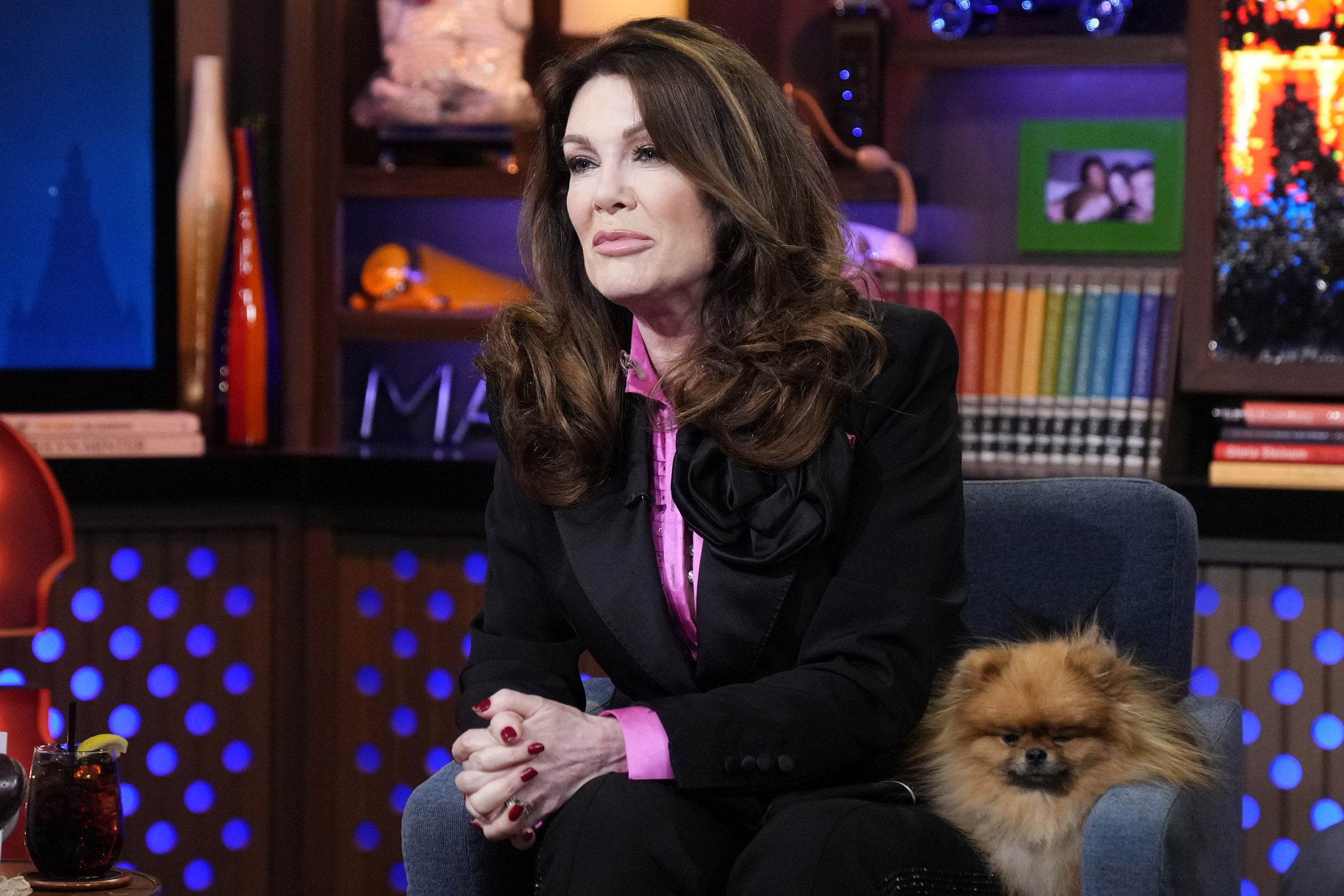 Lisa Vanderpump and her dog on the set of Watch What Happens Live with Andy Cohen