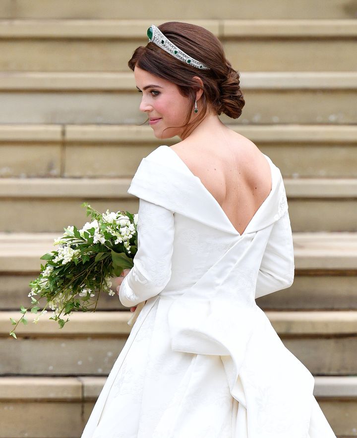 Princess Eugenie arrives at St. George's Chapel ahead of her and Jack Brooksbank's wedding ceremony on Oct. 12, 2018 in Windsor, England.