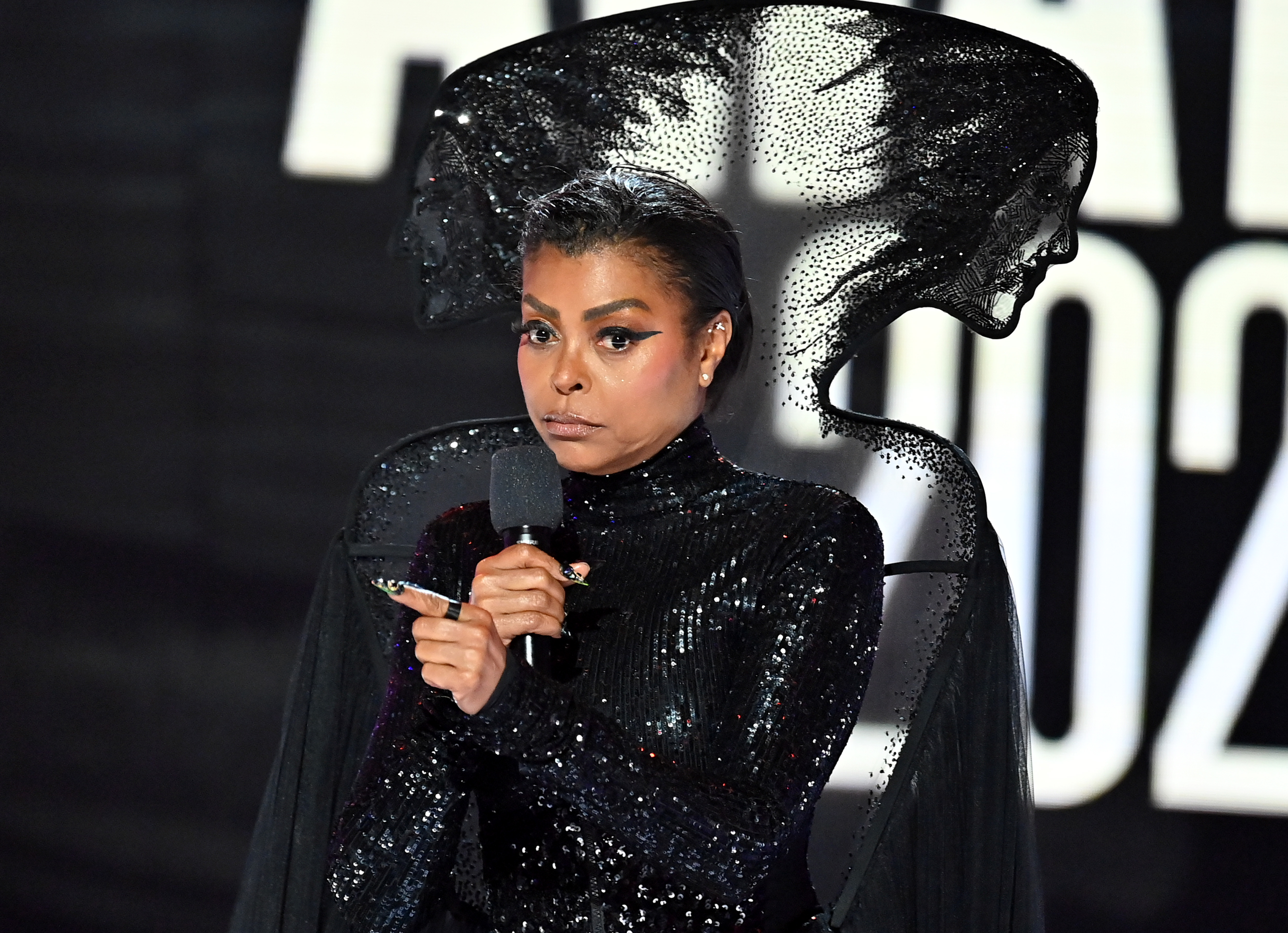 Taraji P. Henson pictured on stage while hosting the 2024 BET Awards