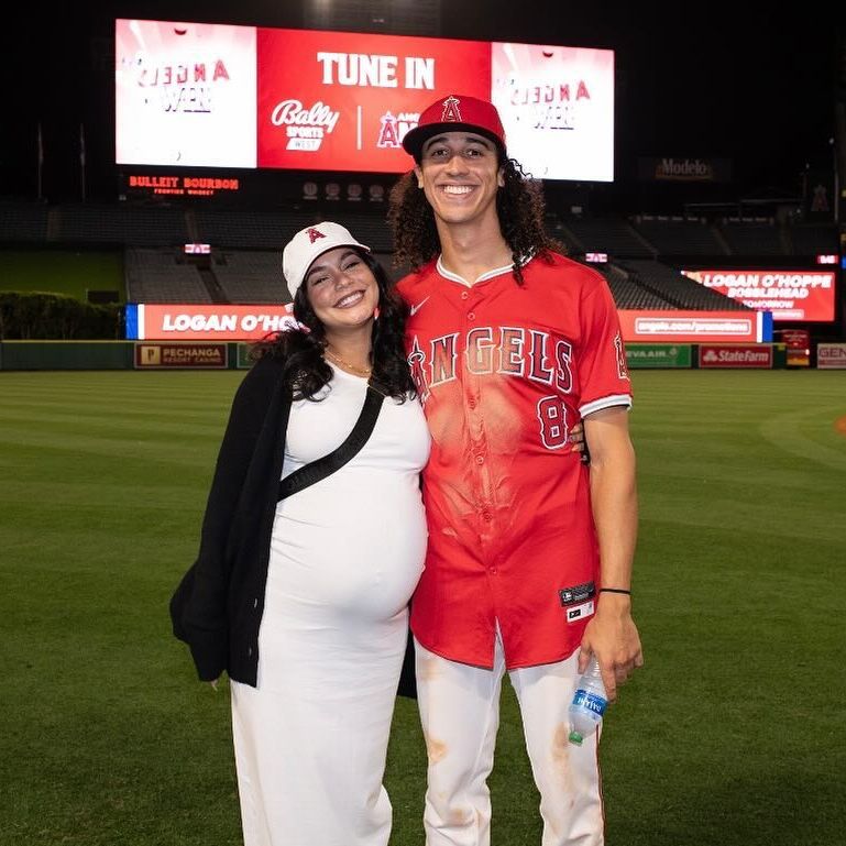 She has given birth to her first child with husband Cole Tucker, seen standing with her at a Los Angeles Angels game