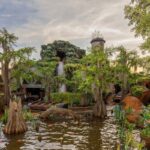 The exterior of Tiana’s bayou adventure, showcasing an artificial swamp