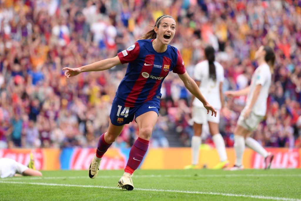 Aitana Bonmati of FC Barcelona celebrates scoring her team's first goal during the UEFA Women's Champions League 2023/24. 
