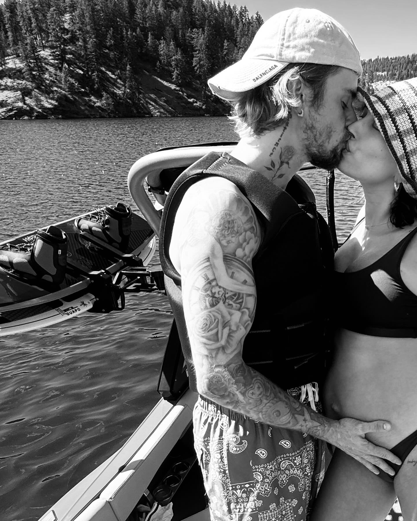 Justin Bieber and his pregnant wife, Hailey Bieber, on a boat ride during a lake trip