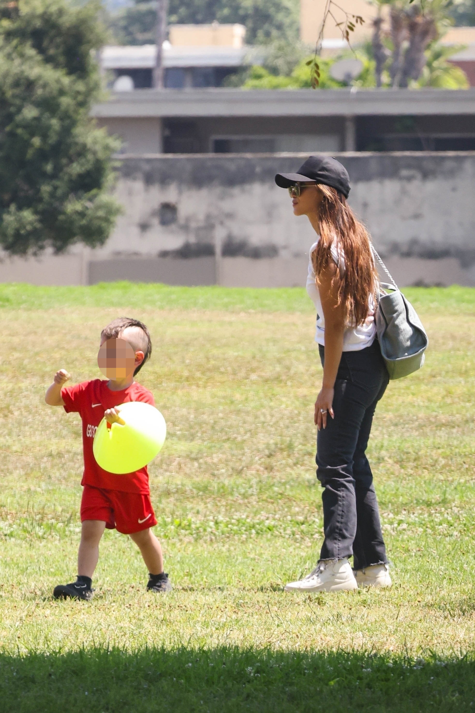 The mother-of-two watched her sons play soccer in a park in Sherman Oaks, California, on July 5