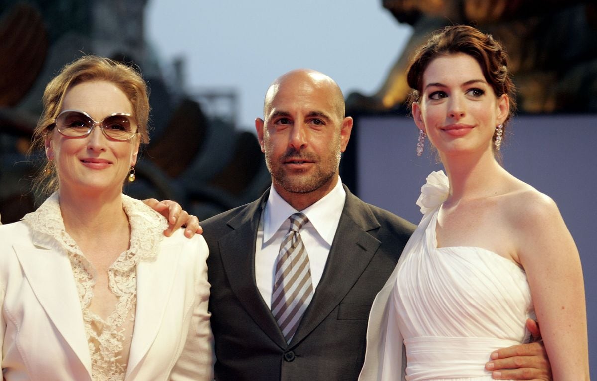 Actors Meryl Streep, Stanley Tucci, and Anne Hathaway attend the premiere of the film 'Devil Wears Prada' during the ninth day of the 63rd Venice Film Festival on September 7, 2006, in Venice, Italy. 