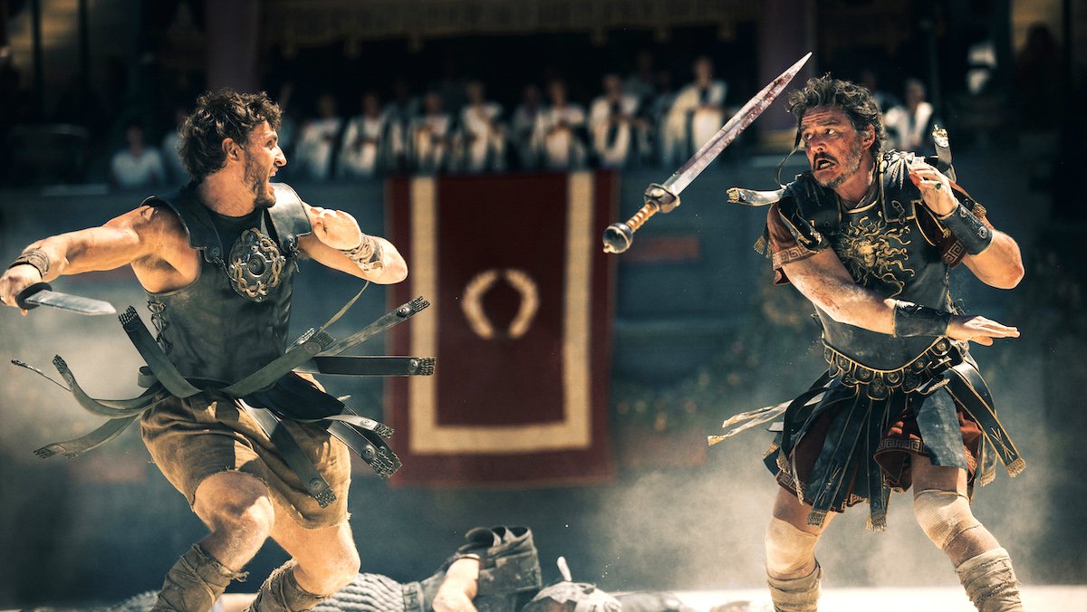 Paul Mescal and Pedro Pascal fight with swords in the Colosseum in Gladiator II