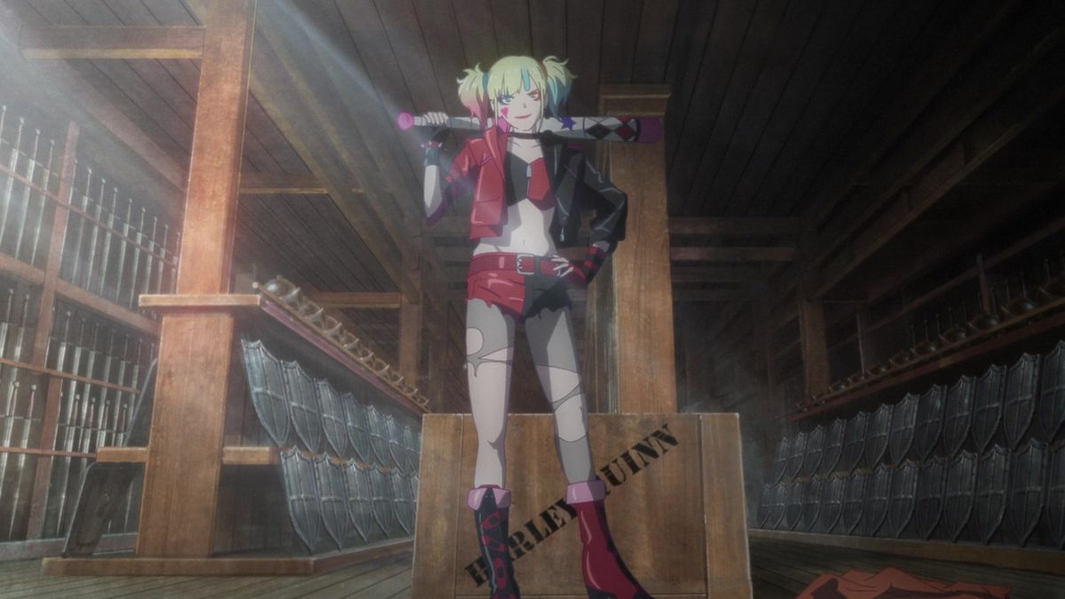 Harley Quinn in a red and black leather costume holding a baseball bat in a medieval armory