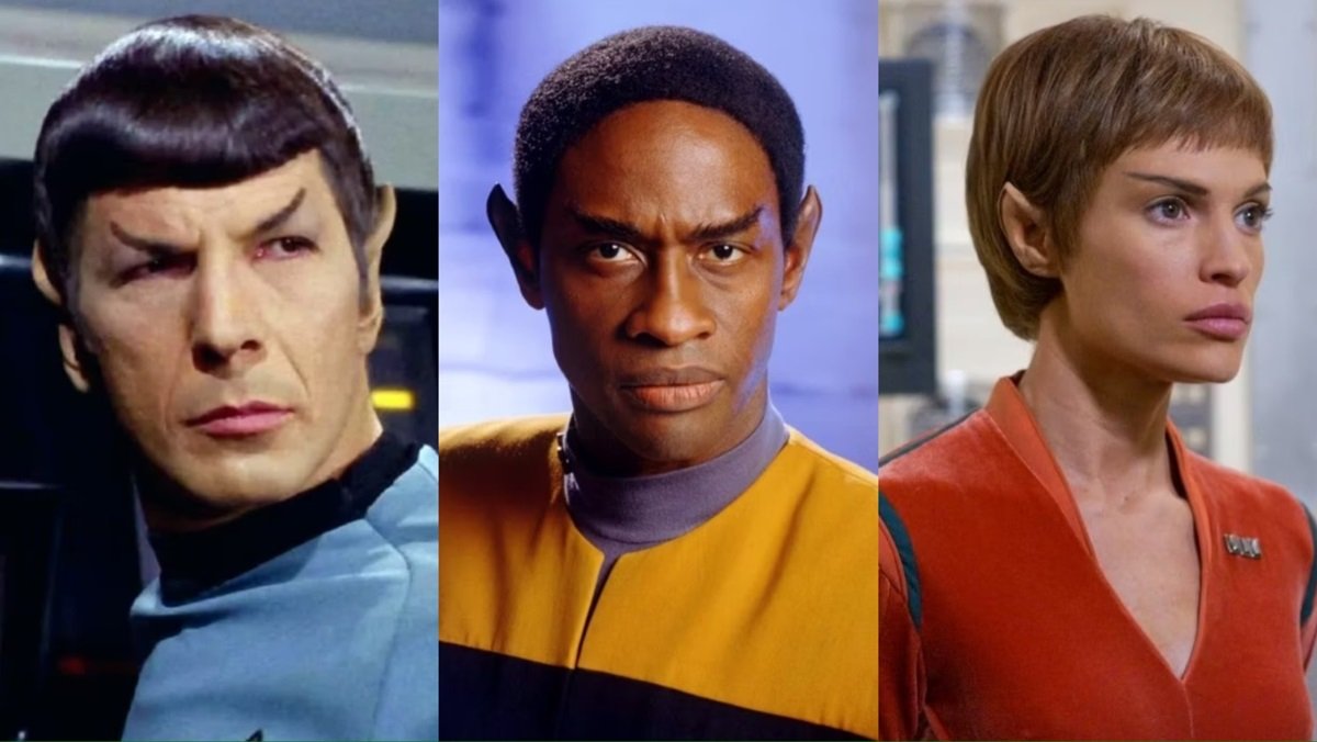 From L to R, Leonard Nimoy as Spock on Star Trek, Tim Russ as Tuvok on Voyager, and Jolene Blalock as T'Pol on Enterprise.