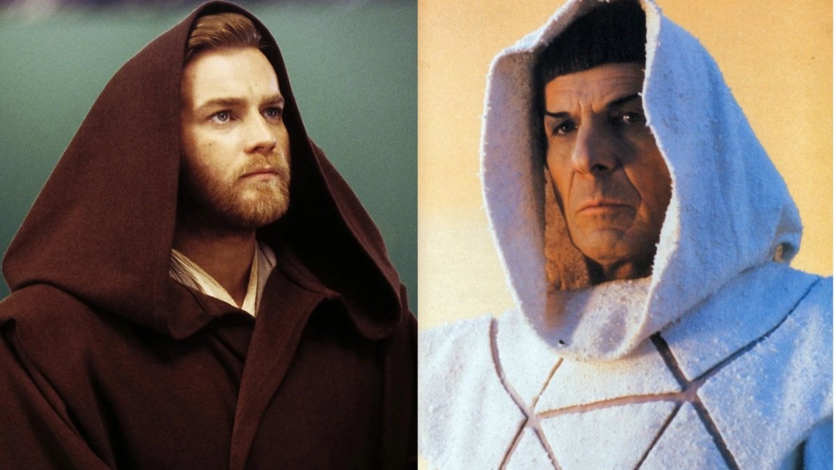 Ewan McGregor as Obi-Wan Kenobi in Star Wars, and Leonard Nimoy as Spock in Star Trek. 